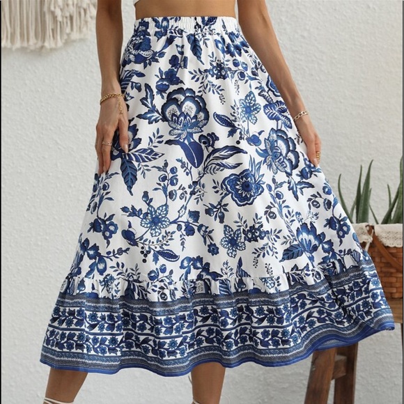 Boho Floral Print High Waist Maxi Skirt White Blue Cottagecore - Picture 2 of 6